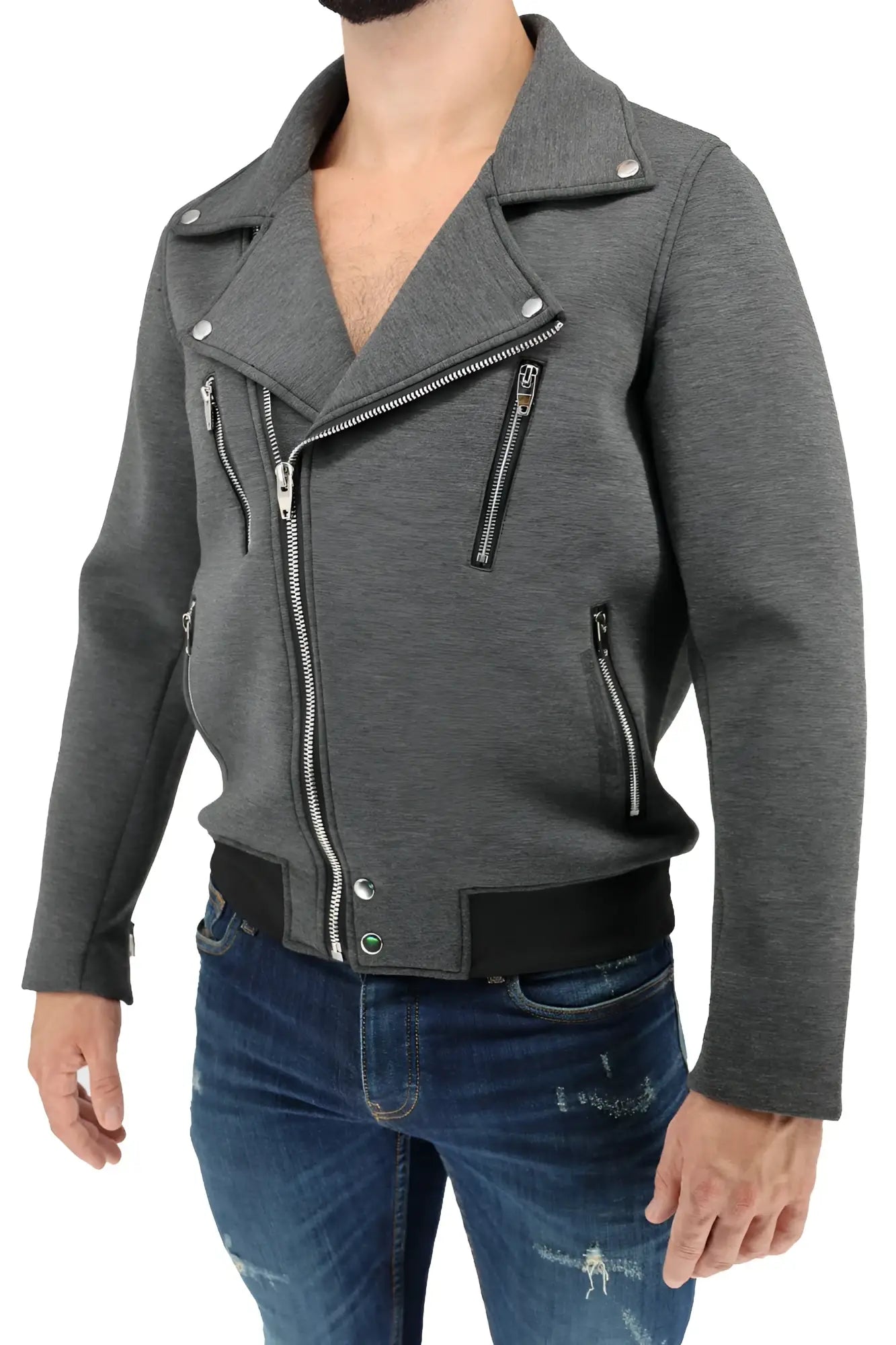 Gray melange alpha biker jacket with black zipper accents and silver toned hardware in moto style