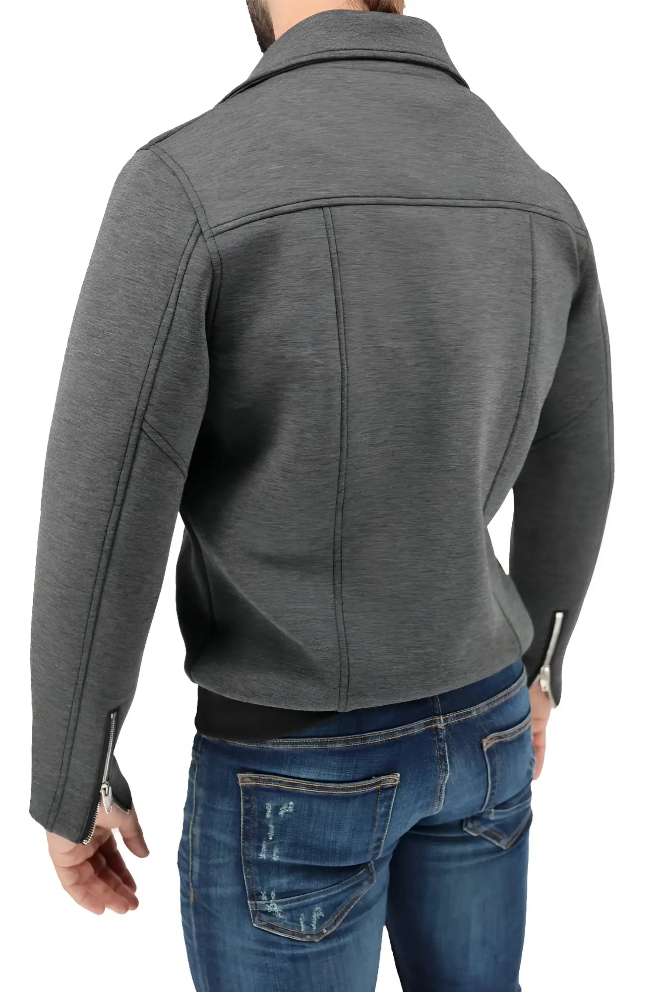 Gray textured fabric alpha biker jacket with black zipper accents and moto style design