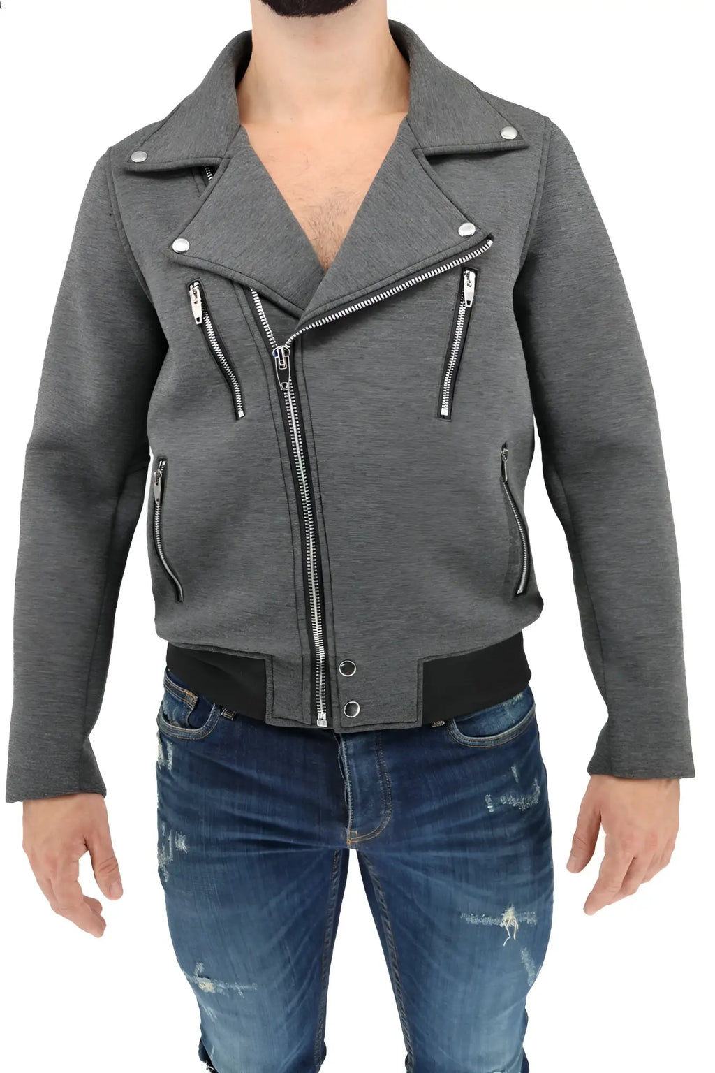 Gray textured knit alpha biker moto jacket with black trim and silver zippers front view