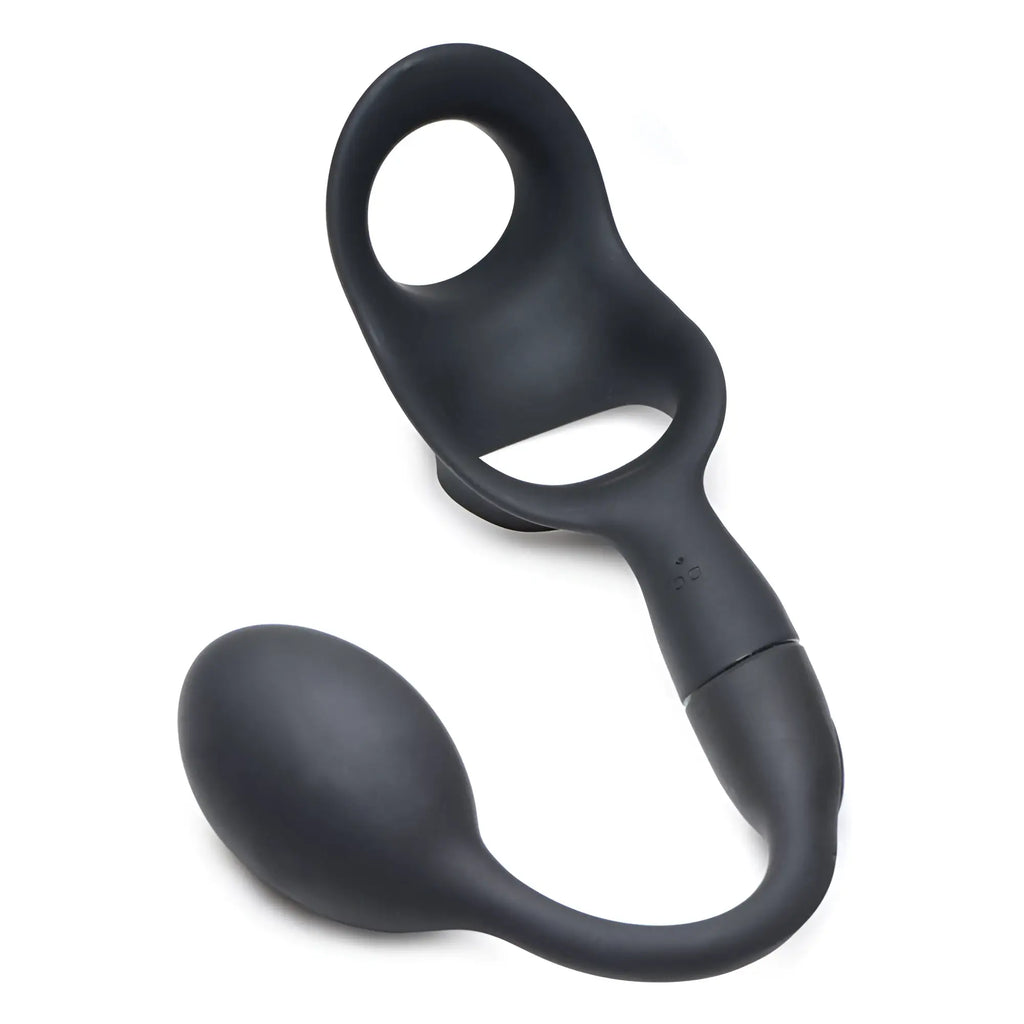 Alpha Pro 10X P-Bomb: matte black silicone dual-ring device with an attached vibrating anal plug.