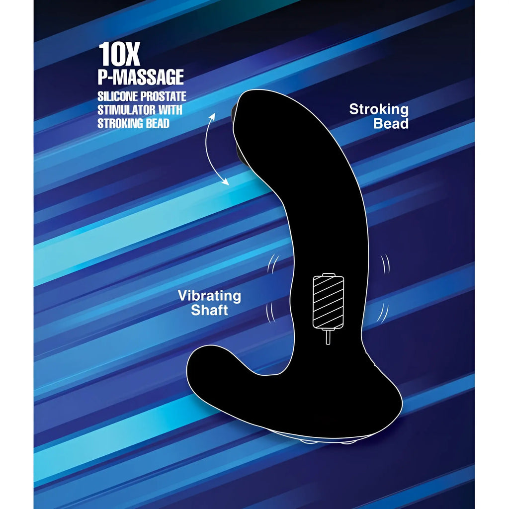 Alpha Pro 10X black silicone prostate stimulator featuring a curved vibrating shaft and a top stroking bead.