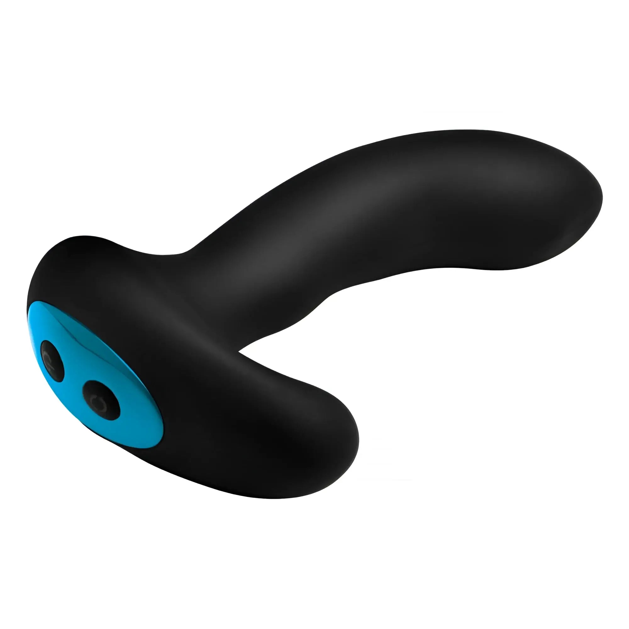 Alpha Pro 10X silicone prostate stimulator: black curved massager with a blue metallic base featuring two control buttons.