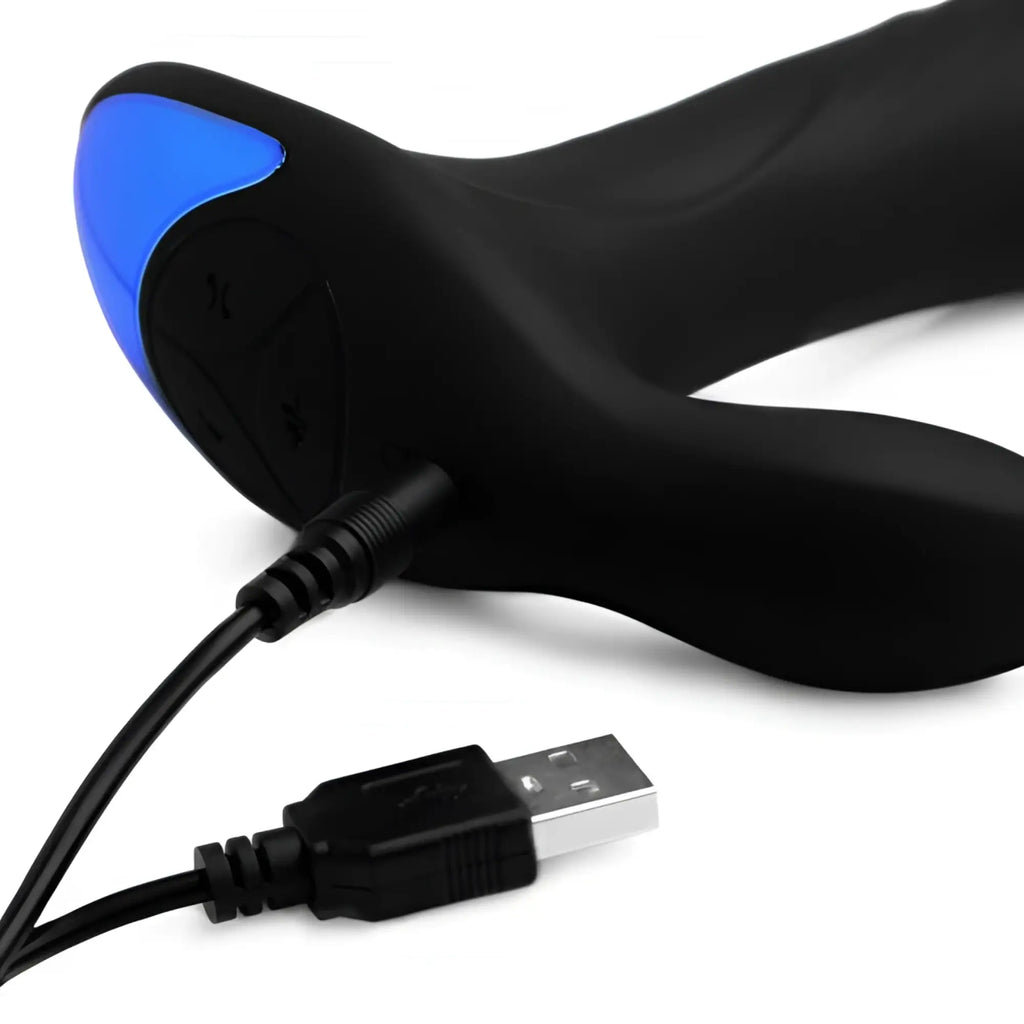Black Alpha Pro 17X P-Trigasm silicone prostate stimulator with a blue light indicator connected to a USB charging cable.