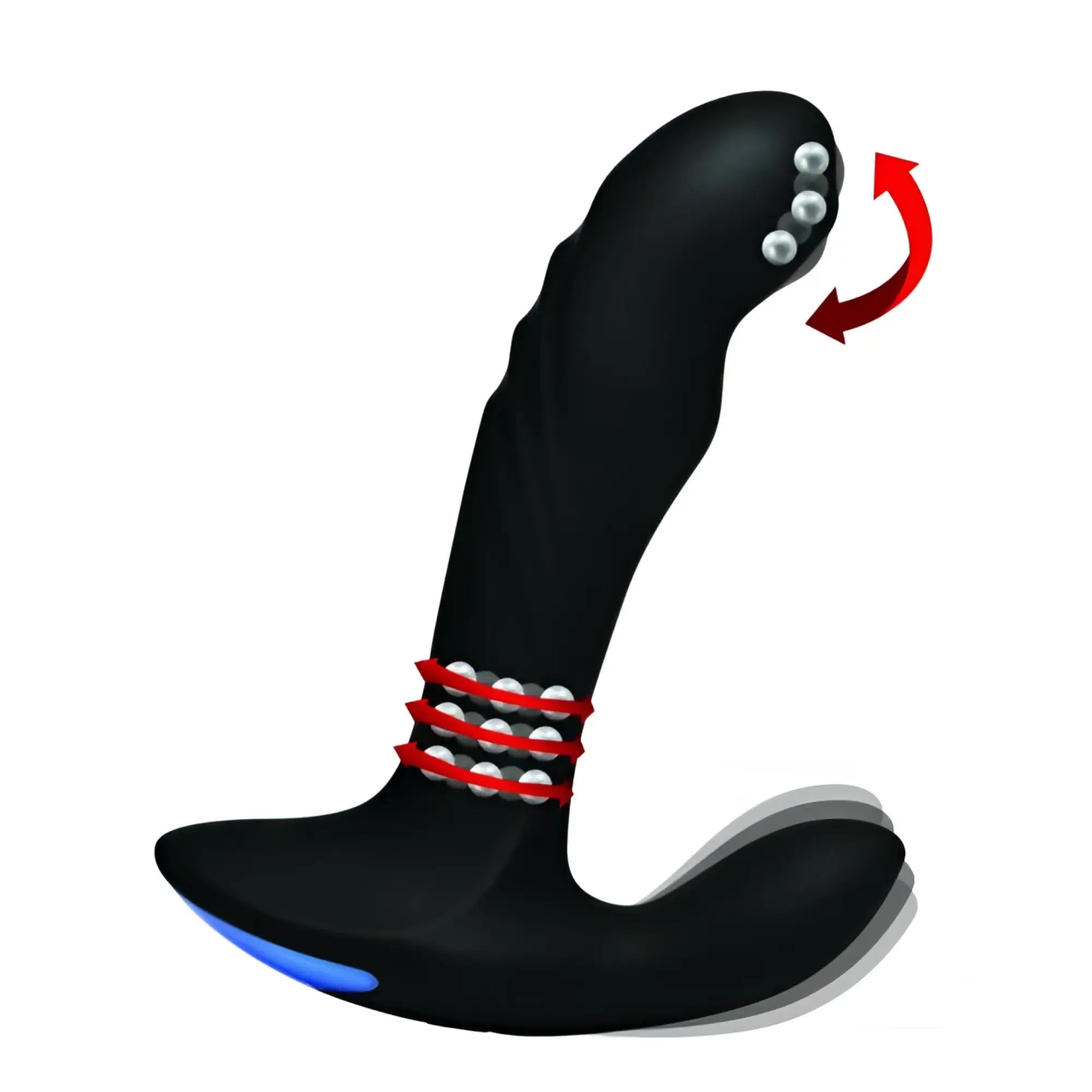Alpha Pro 17X P-Trigasm black silicone prostate stimulator with a curved, beaded shaft and a blue base indicator.