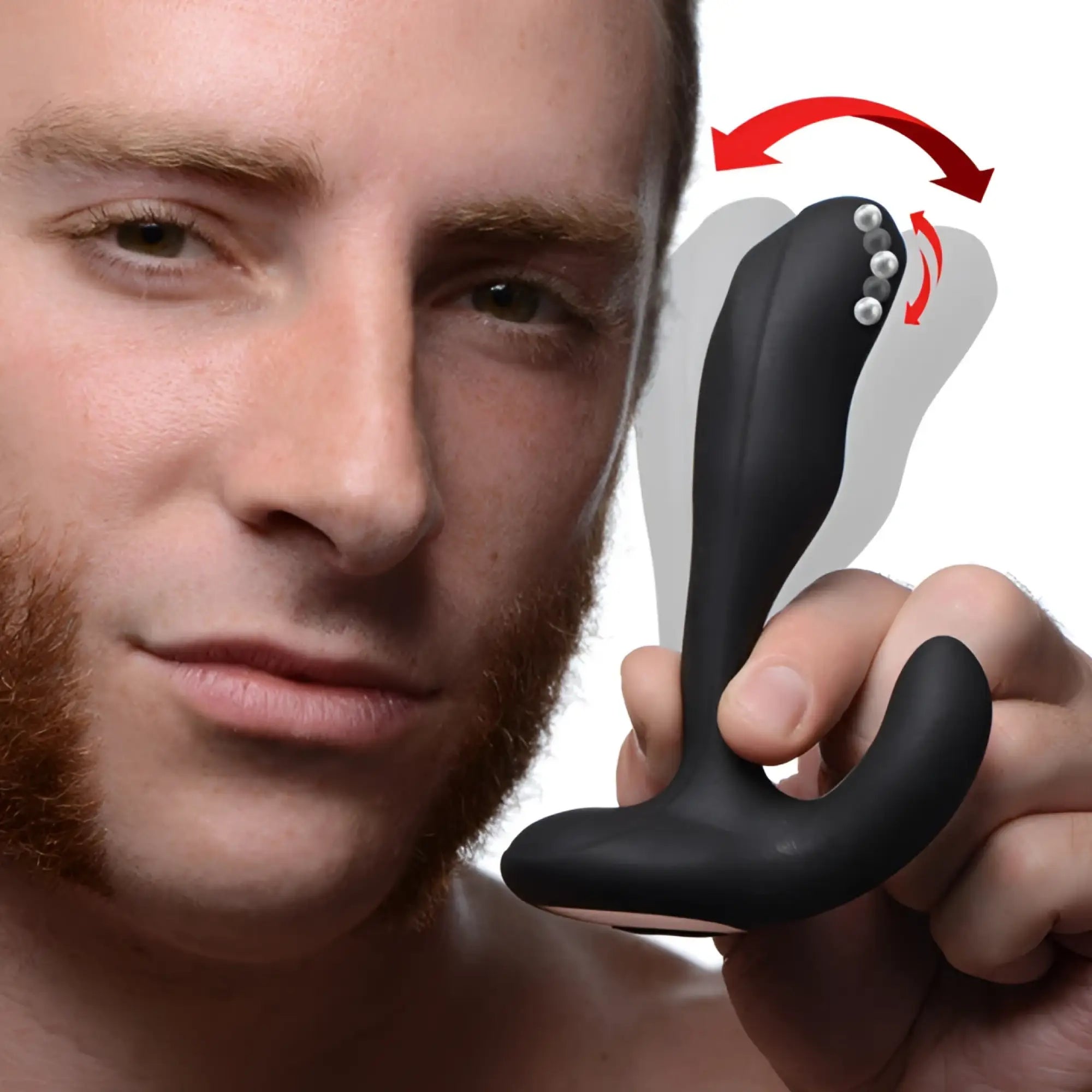 Alpha Pro 7X black bendable prostate stimulator with stroking bead held by a man, showing flexible design.