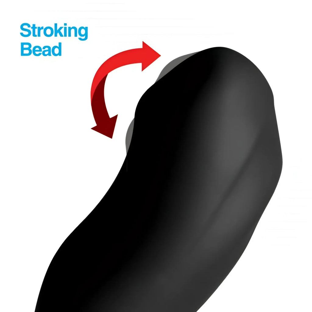 Alpha Pro 7X black bendable prostate stimulator with a stroking bead, shown with a red motion arrow on white background.
