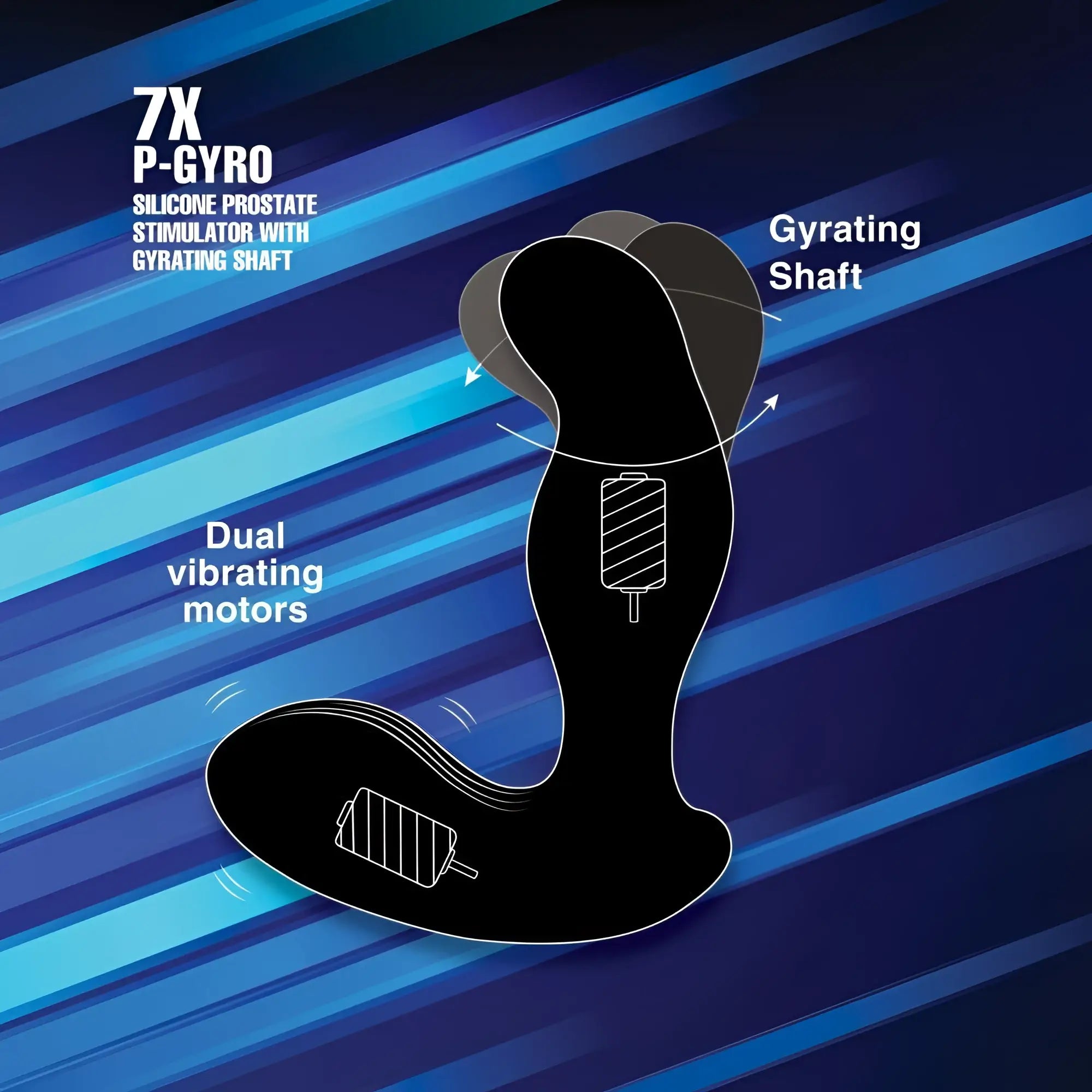 Alpha Pro 7X P-Gyro: Black silicone prostate stimulator with a curved, gyrating shaft and dual vibrating motors.