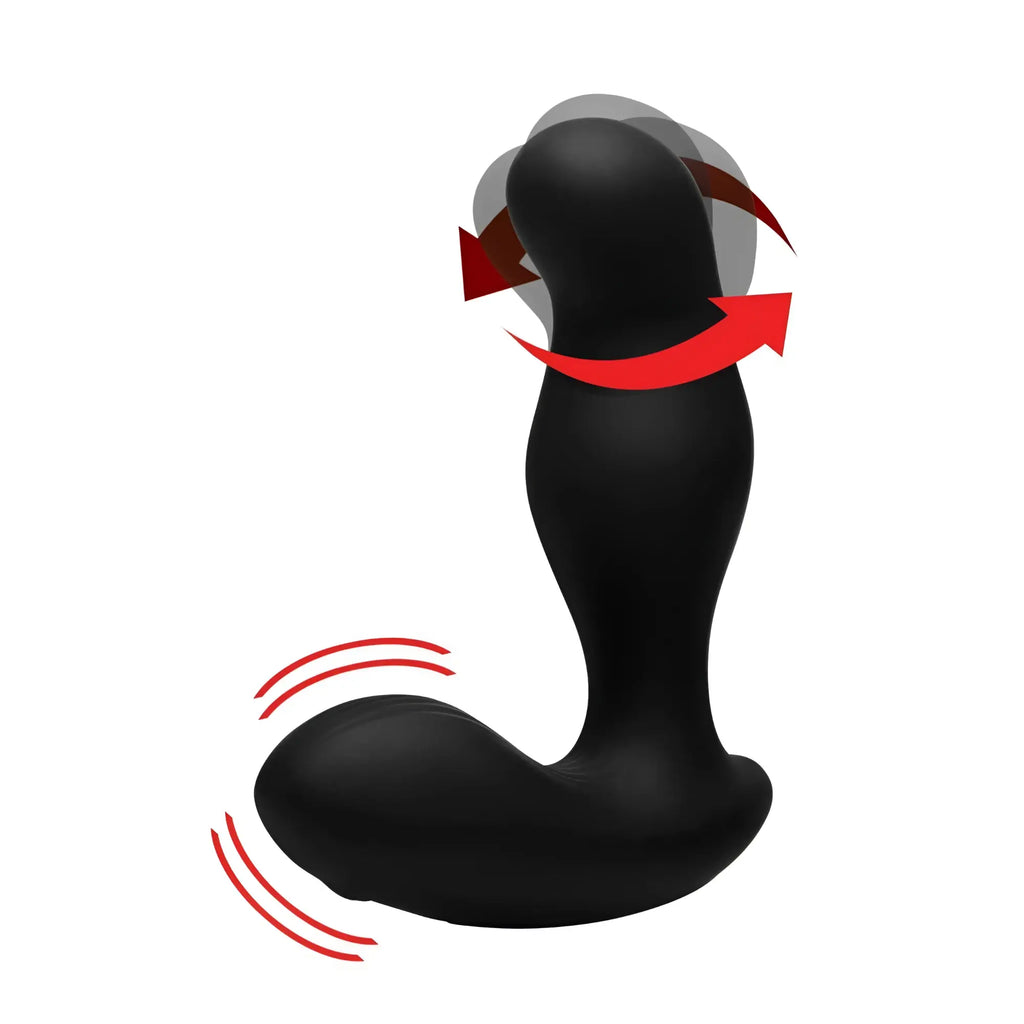 Black Alpha Pro 7X P-Gyro silicone prostate stimulator with a curved, gyrating shaft indicated by red motion arrows.