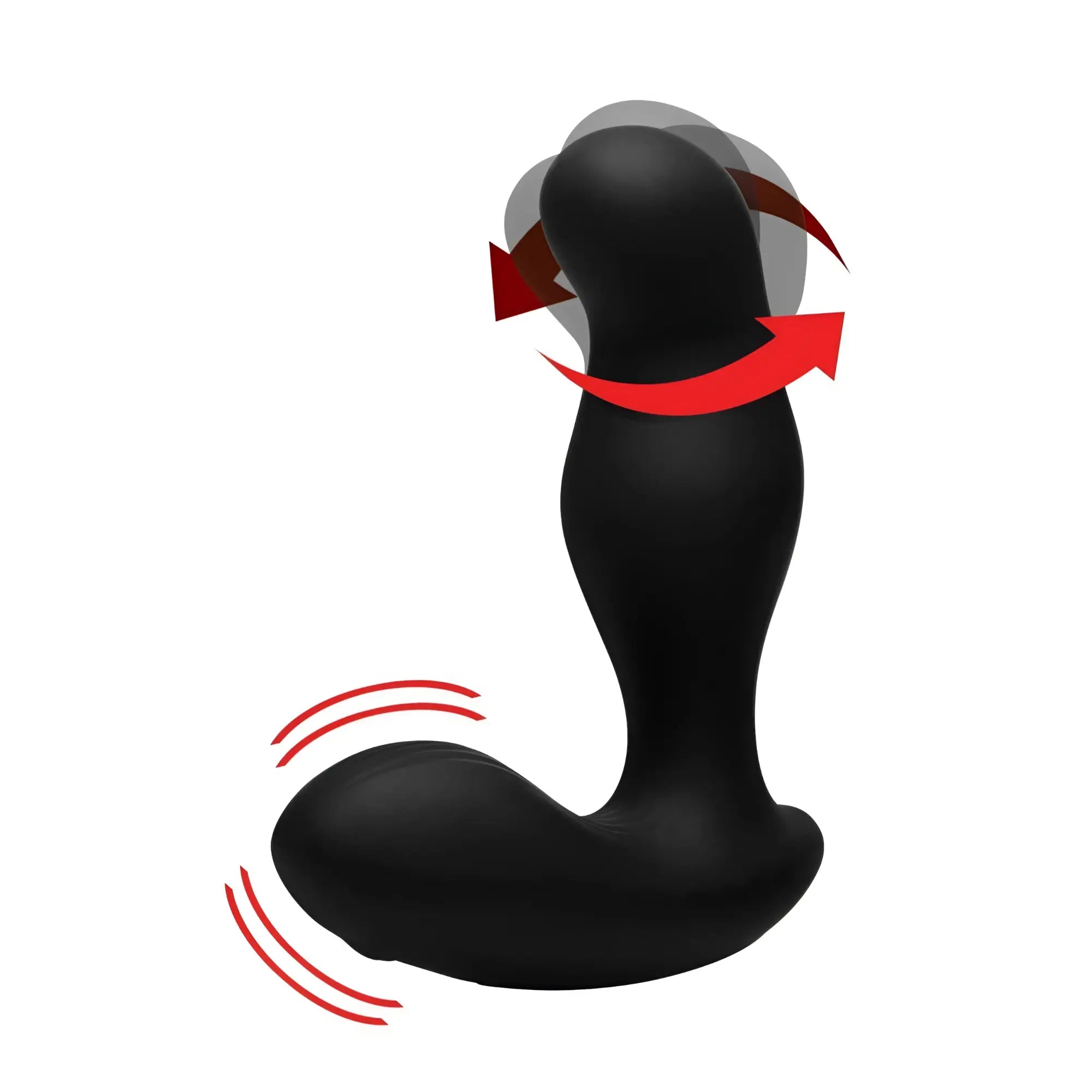 Black Alpha Pro 7X P-Gyro silicone prostate stimulator with a curved, gyrating shaft indicated by red motion arrows.