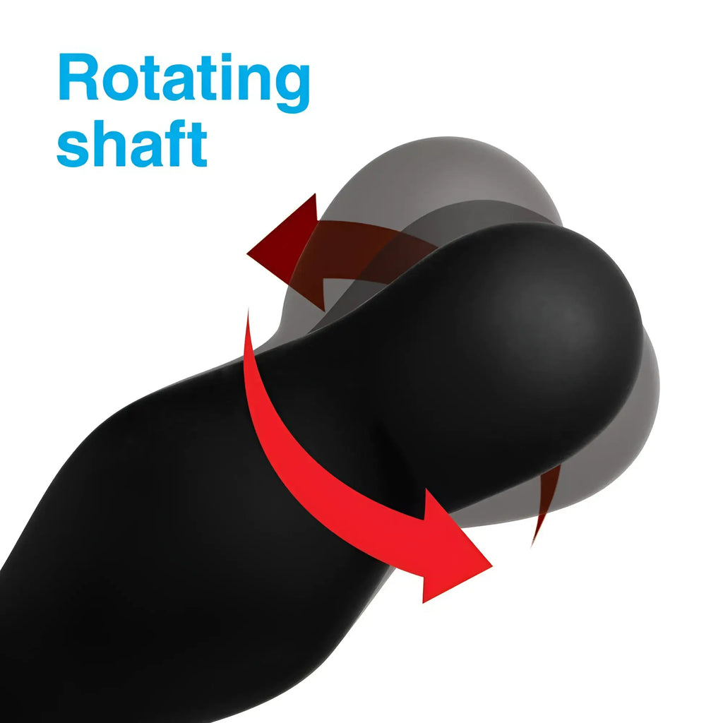 Black Alpha Pro 7X P-Gyro silicone prostate stimulator showing the gyrating motion of its rotating shaft.