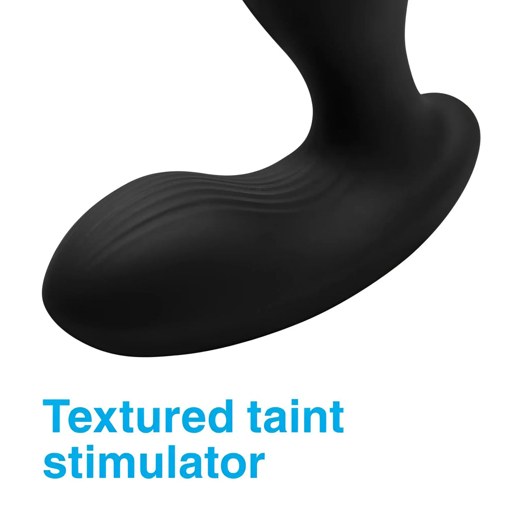 Alpha Pro 7X P-Gyro, a smooth black silicone prostate stimulator with a curved, textured gyrating shaft.