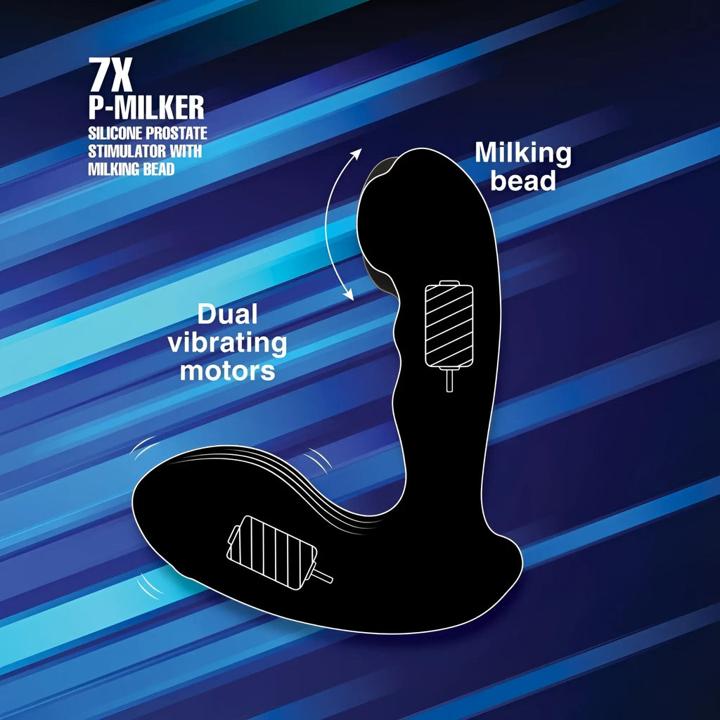Alpha Pro 7X P-Milker: A black, curved silicone prostate stimulator with two vibrating motors and a top milking bead.