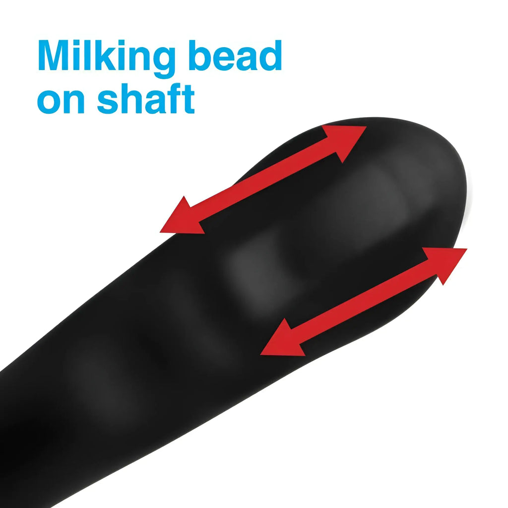 Alpha Pro 7X black silicone prostate stimulator, highlighting the milking bead on the shaft with red directional arrows.