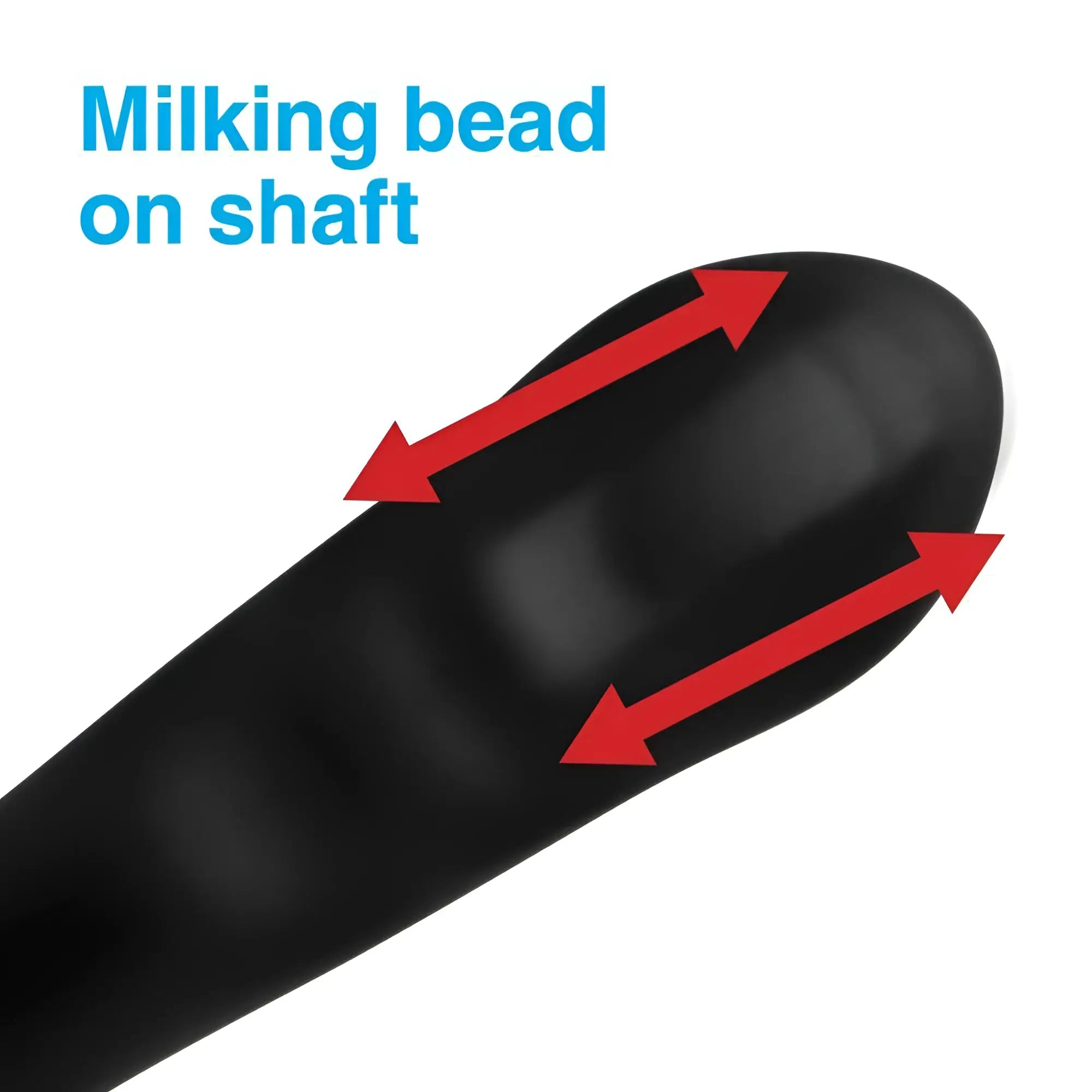 Alpha Pro 7X black silicone prostate stimulator, highlighting the milking bead on the shaft with red directional arrows.