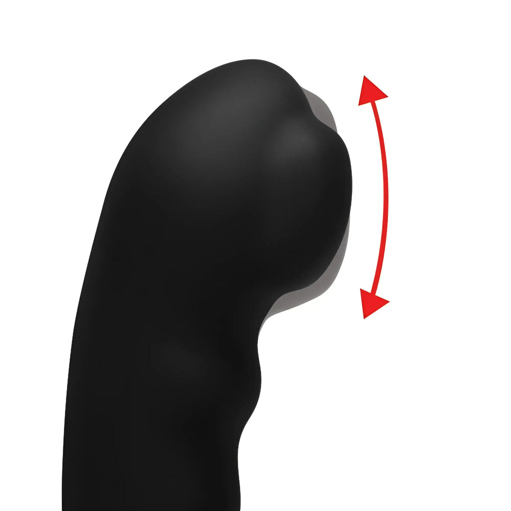 Alpha Pro 7X P-Milker: A smooth, black silicone prostate stimulator with a curved head and a red motion indicator arrow.