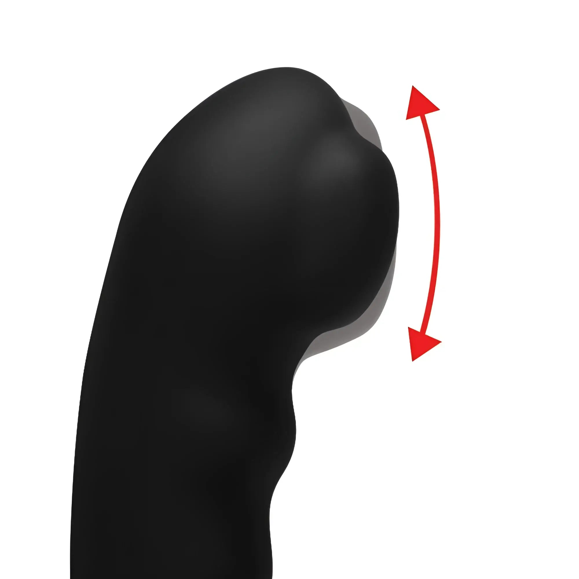 Alpha Pro 7X P-Milker: A smooth, black silicone prostate stimulator with a curved head and a red motion indicator arrow.