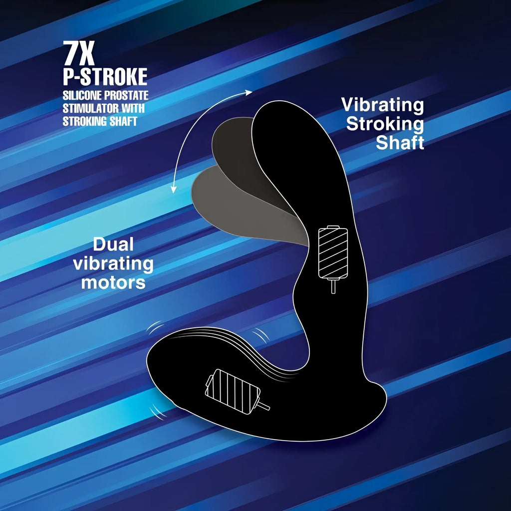 Alpha Pro 7X P-Stroke: Black silicone prostate stimulator featuring a vibrating stroking shaft and dual motors.
