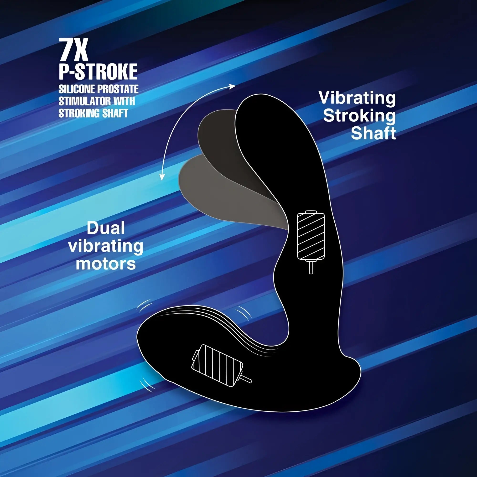 Alpha Pro 7X P-Stroke: Black silicone prostate stimulator featuring a vibrating stroking shaft and dual motors.