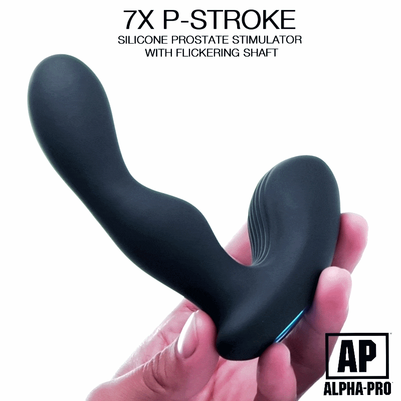 Hand holding a matte black Alpha Pro 7X silicone prostate stimulator with a curved, ribbed shaft.