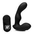 Alpha Pro 7X black silicone prostate stimulator with curved stroking shaft and matching remote control.