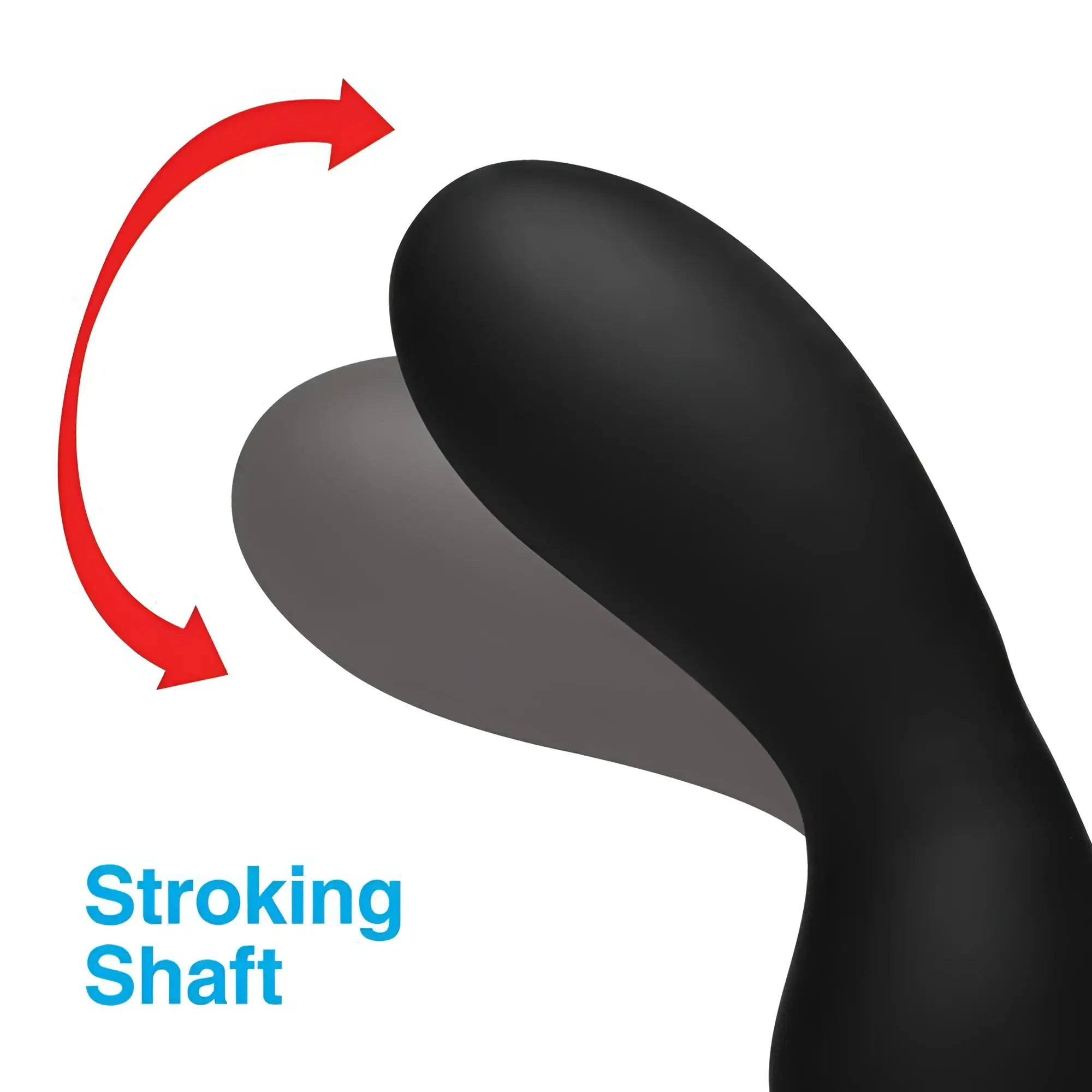 Alpha Pro 7X black silicone prostate stimulator showing a curved, stroking motion with an arrow indicator.