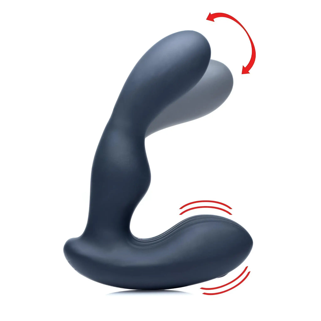 Alpha Pro 7X dark gray silicone prostate stimulator with a stroking shaft, shown with motion arrows.