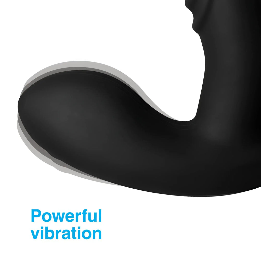 Alpha Pro 7X P-Thump prostate stimulator in matte black with a motion-blur effect indicating powerful vibration.