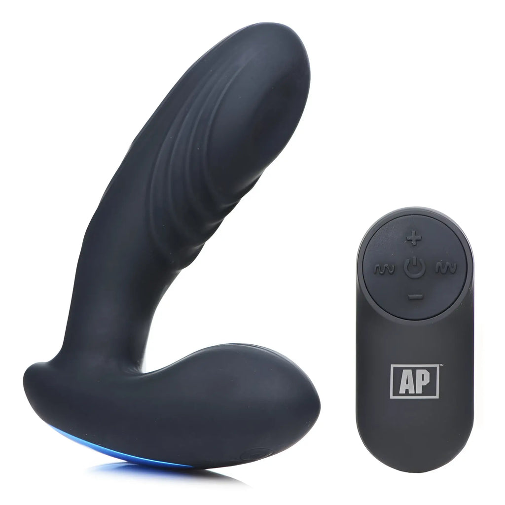 Black Alpha Pro 7X P-Thump prostate stimulator with a blue base, next to a matching black remote control.
