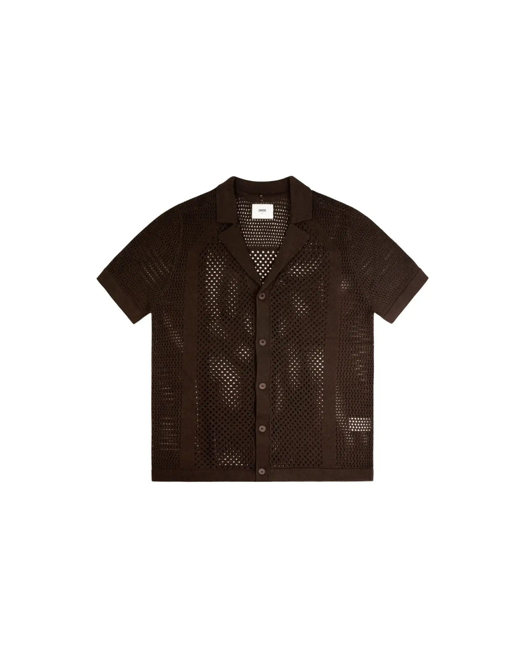 Amafi knit shirt in dark brown with short sleeves perforated knit pattern and classic collar