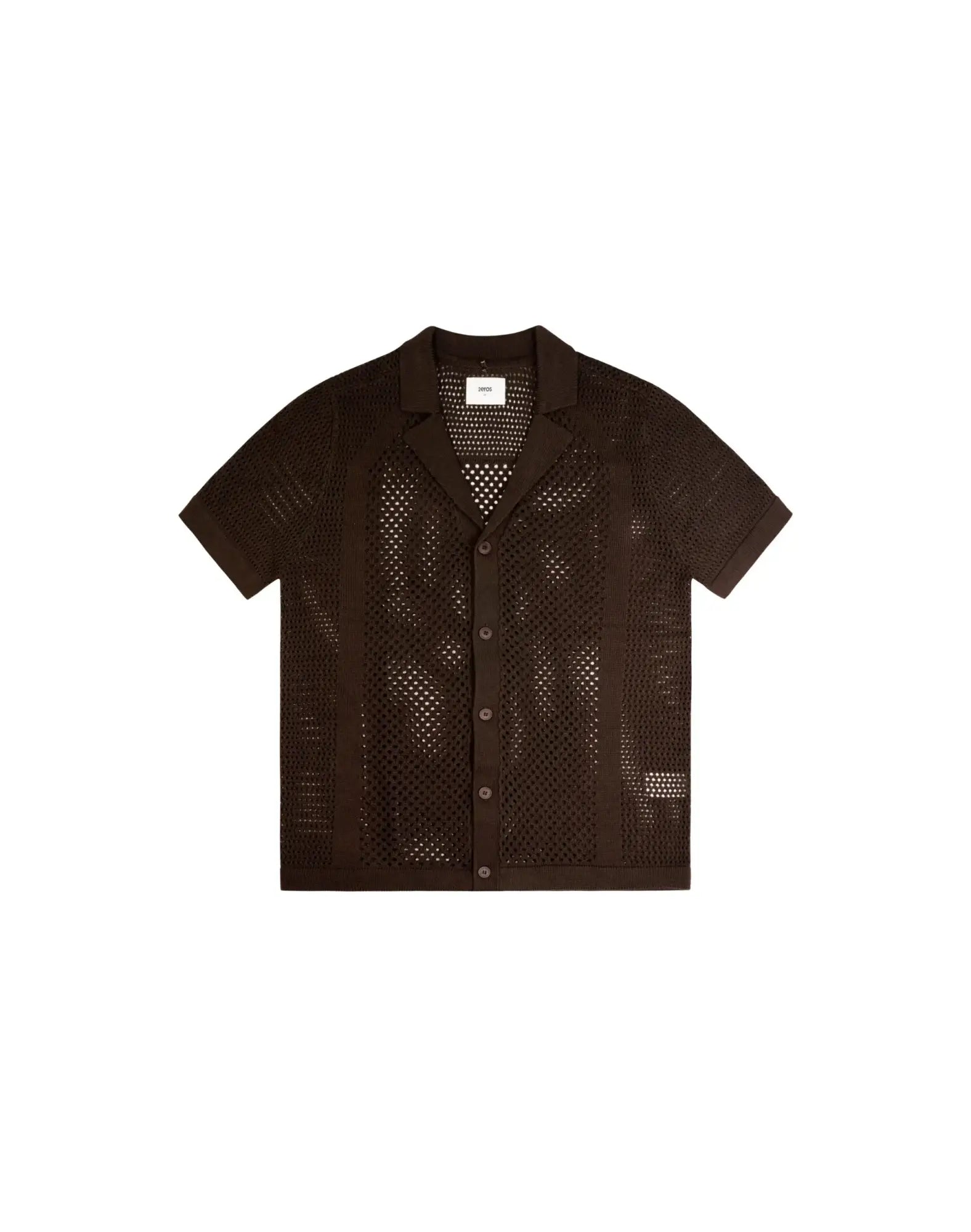 Amafi knit shirt in dark brown with short sleeves perforated knit pattern and classic collar