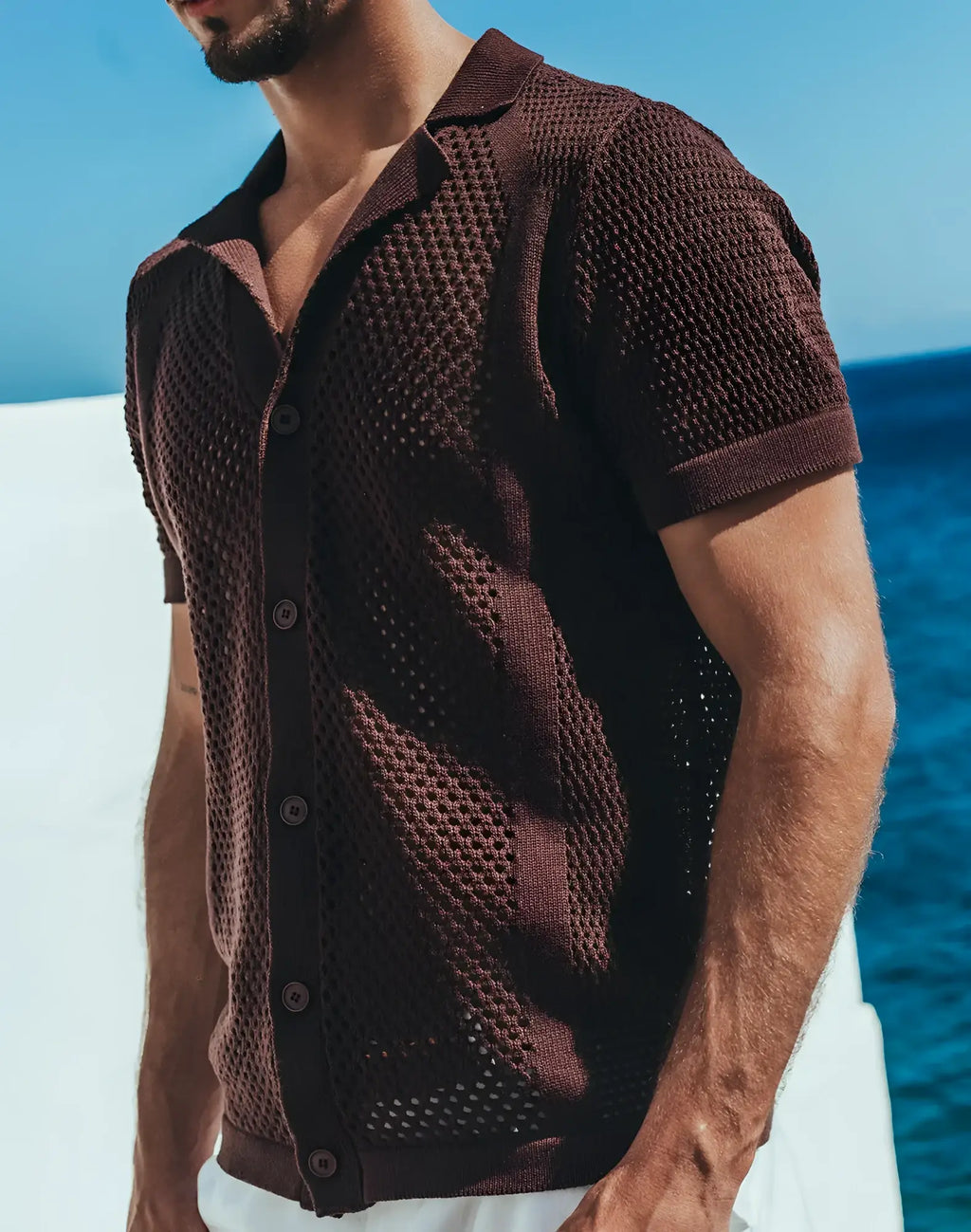 Amafi knit shirt dark brown short-sleeved knit cardigan with textured honeycomb pattern and button closure