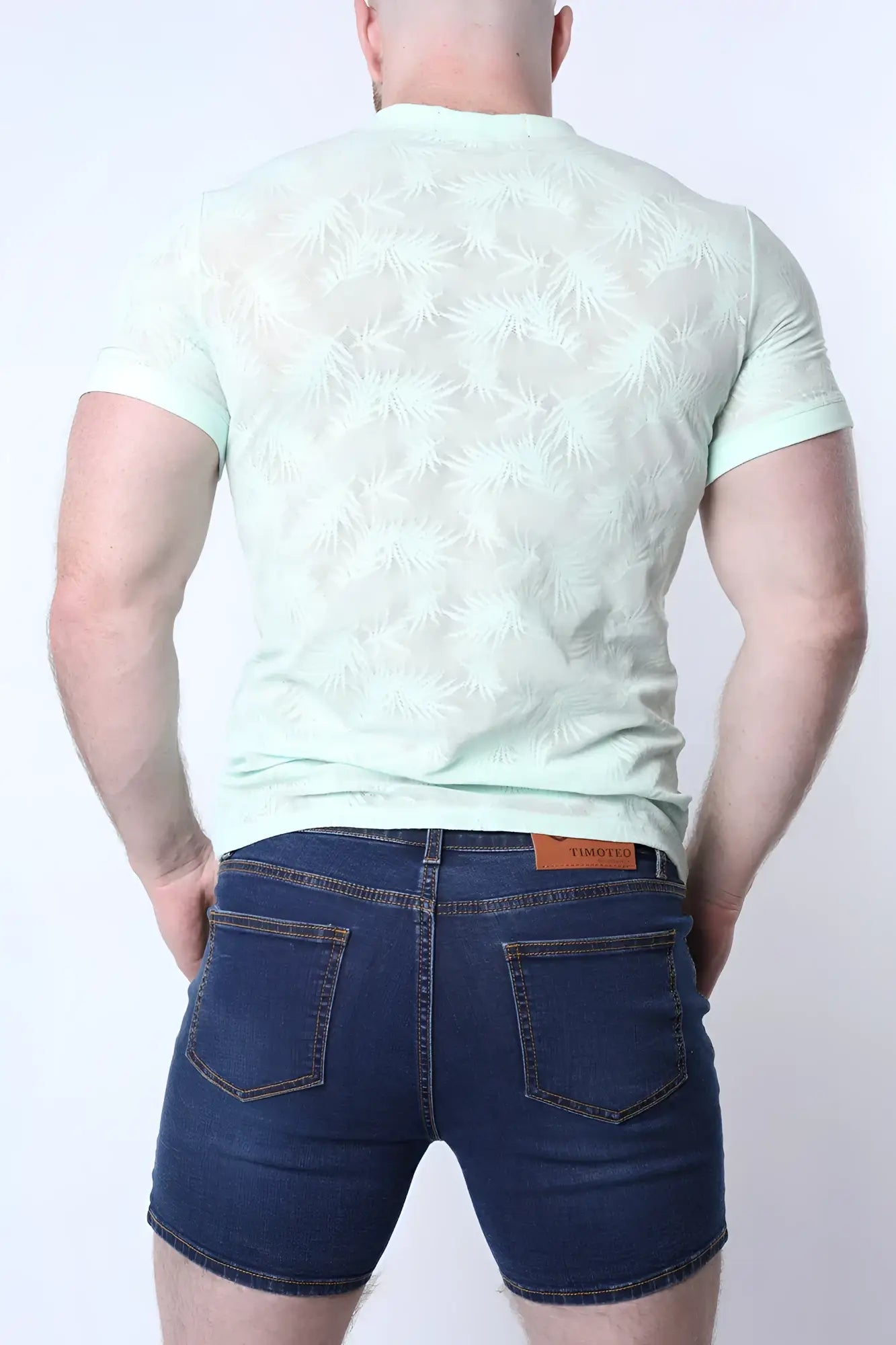 Amalfi t-shirt light green short-sleeved with subtle white palm leaf pattern casual breathable cotton tee