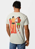 Back of a light gray cotton amigos men’s t-shirt featuring a vibrant graphic of two men in swimwear