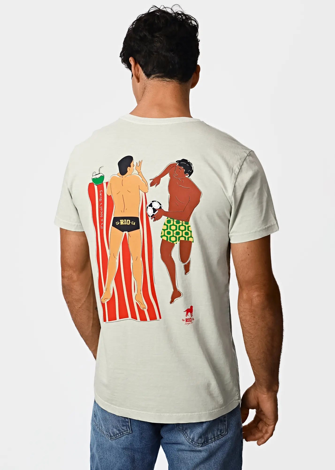 Back of a light gray cotton amigos men’s t-shirt featuring a vibrant graphic of two men in swimwear