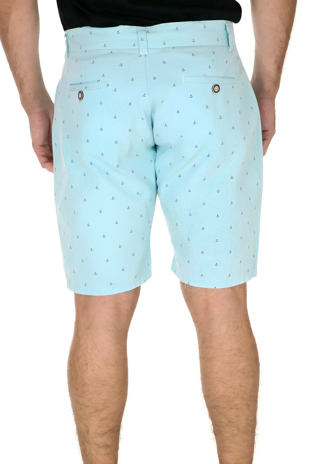 Back view of light blue anchor micro print shorts with buttoned back pockets and subtle anchor pattern
