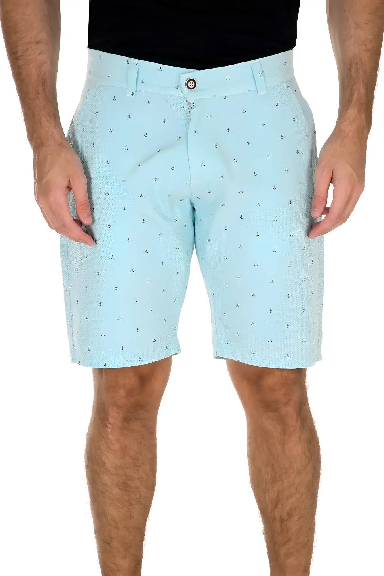 Light blue anchor micro print shorts made of breathable fabric with a subtle anchor pattern for casual wear