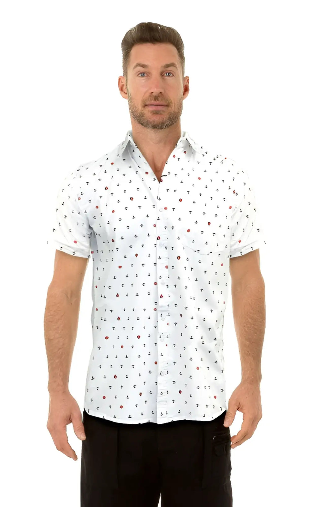 White anchor s s shirt with subtle small anchor and red dot pattern, short-sleeved button-up for casual wear