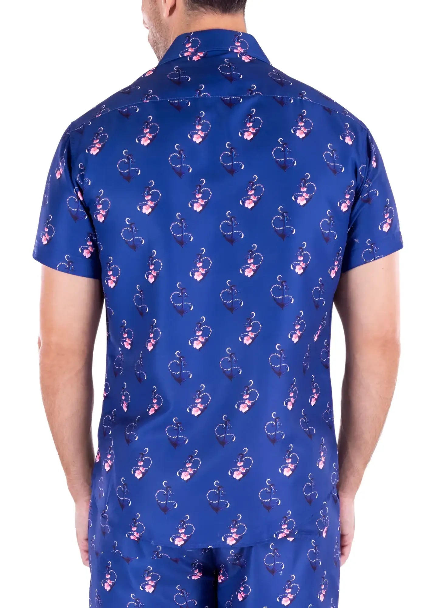 Blue short-sleeved button-up anchoring in hawaii s s shirt with pink and white abstract pattern