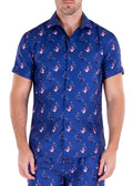 Blue short-sleeved button-up anchoring in hawaii s s shirt with a pink and white floral pattern