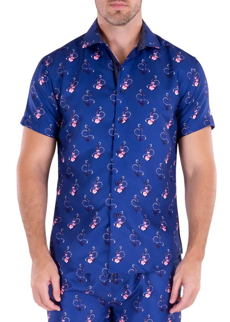 Blue short-sleeved button-up anchoring in hawaii s s shirt with a pink and white floral pattern