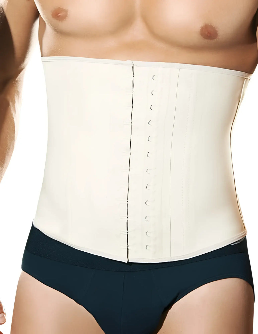 Cream-colored structured ann chery 2031 latex men girdle body shaper with central lacing and rigid panels in beige