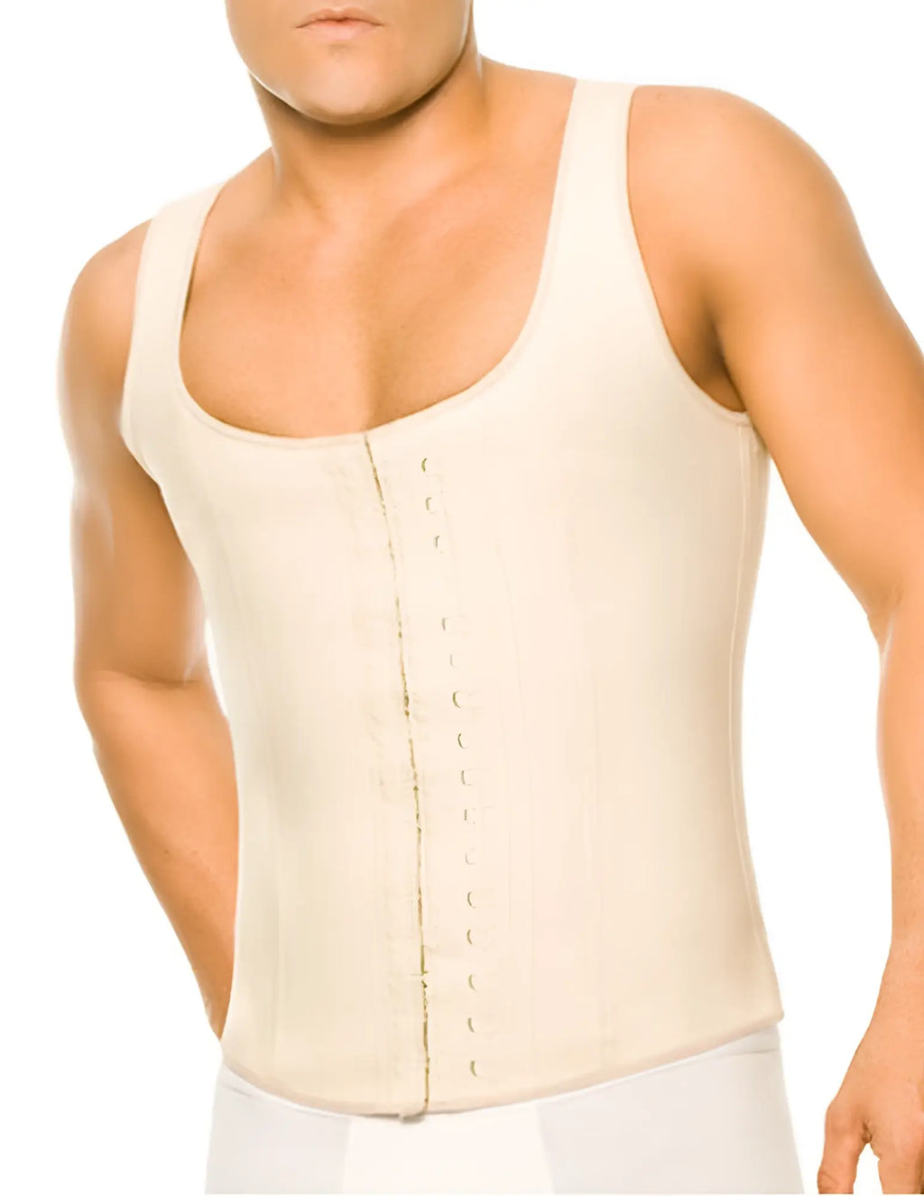 Ann Chery 2033 latex beige men girdle body shaper featuring a cream-colored structured corset with central lacing and straps
