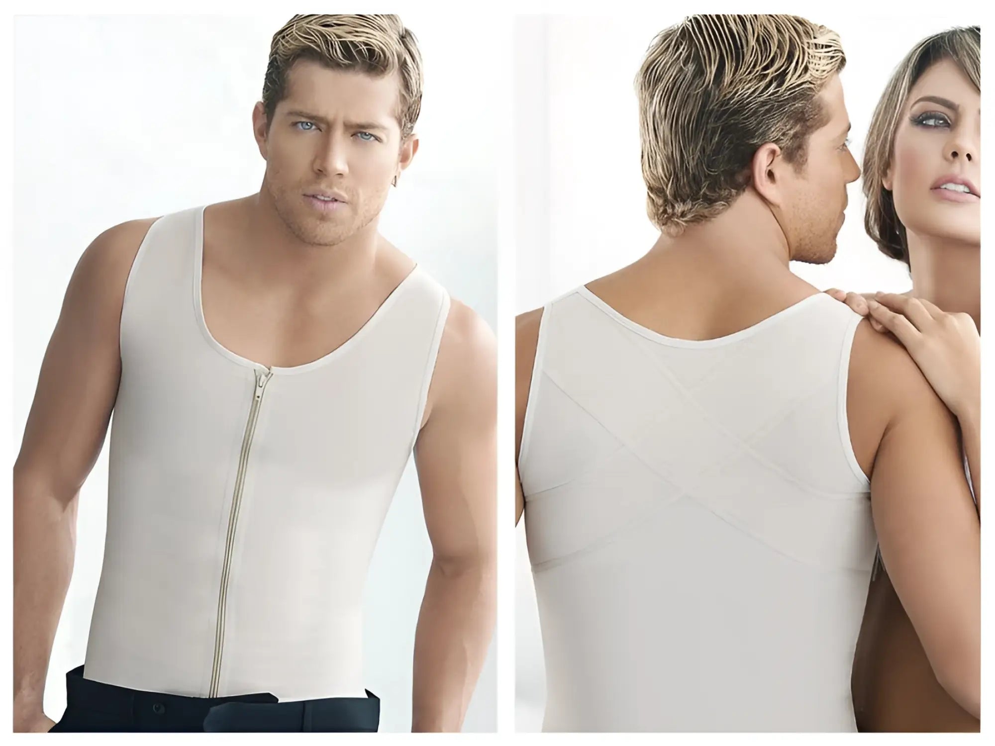 Ann chery 2034 latex men girdle body shaper in beige with central zipper and subtle paneling sleeveless design