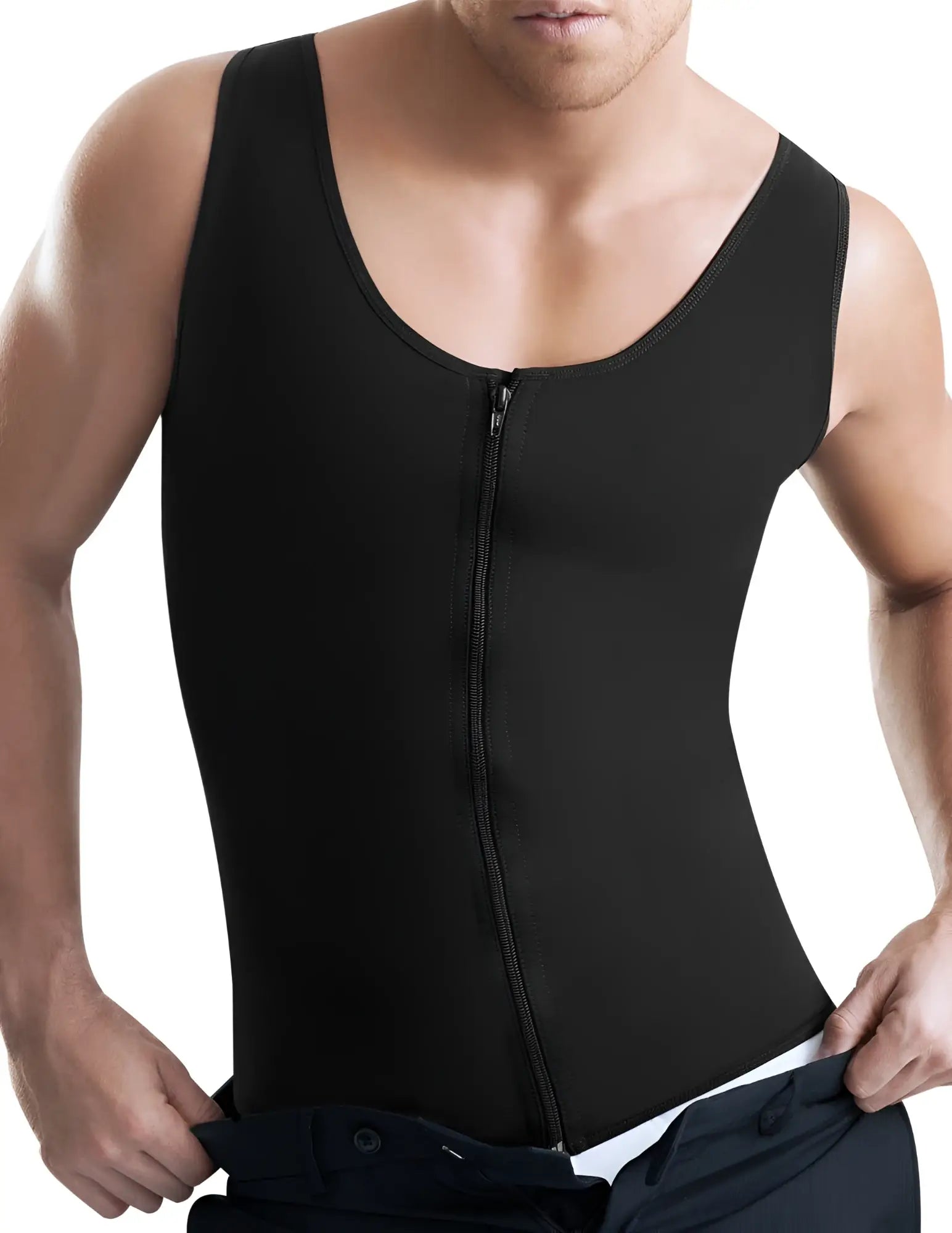 Black sleeveless compression vest with front zipper made of smooth latex for body shaping by Ann Chery 2034