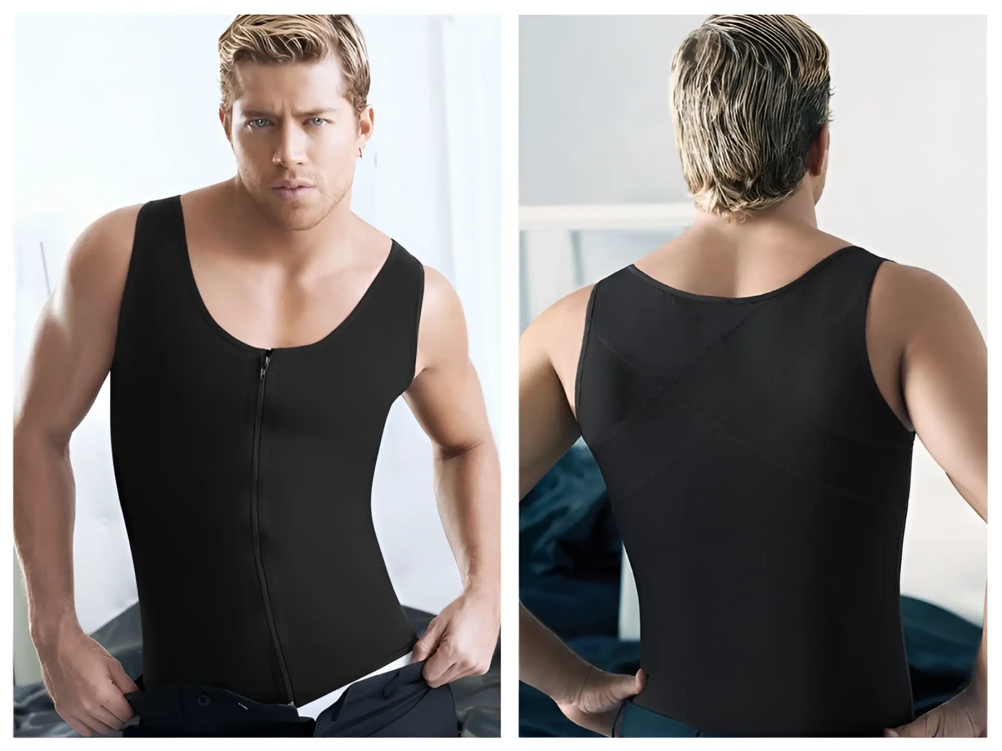 Ann chery 2034 black latex men girdle body shaper tank top with zip front and smooth form fitting design