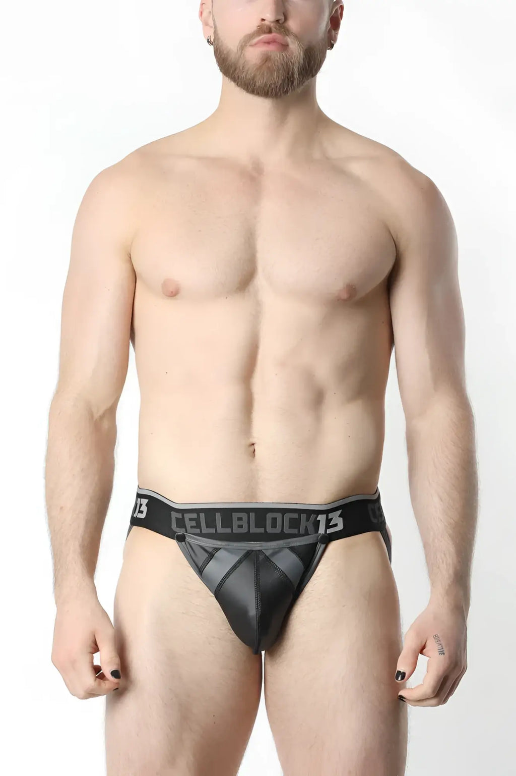 Black cellblock13 anti-chrome snap up jockstrap briefs with black mesh and solid panel design