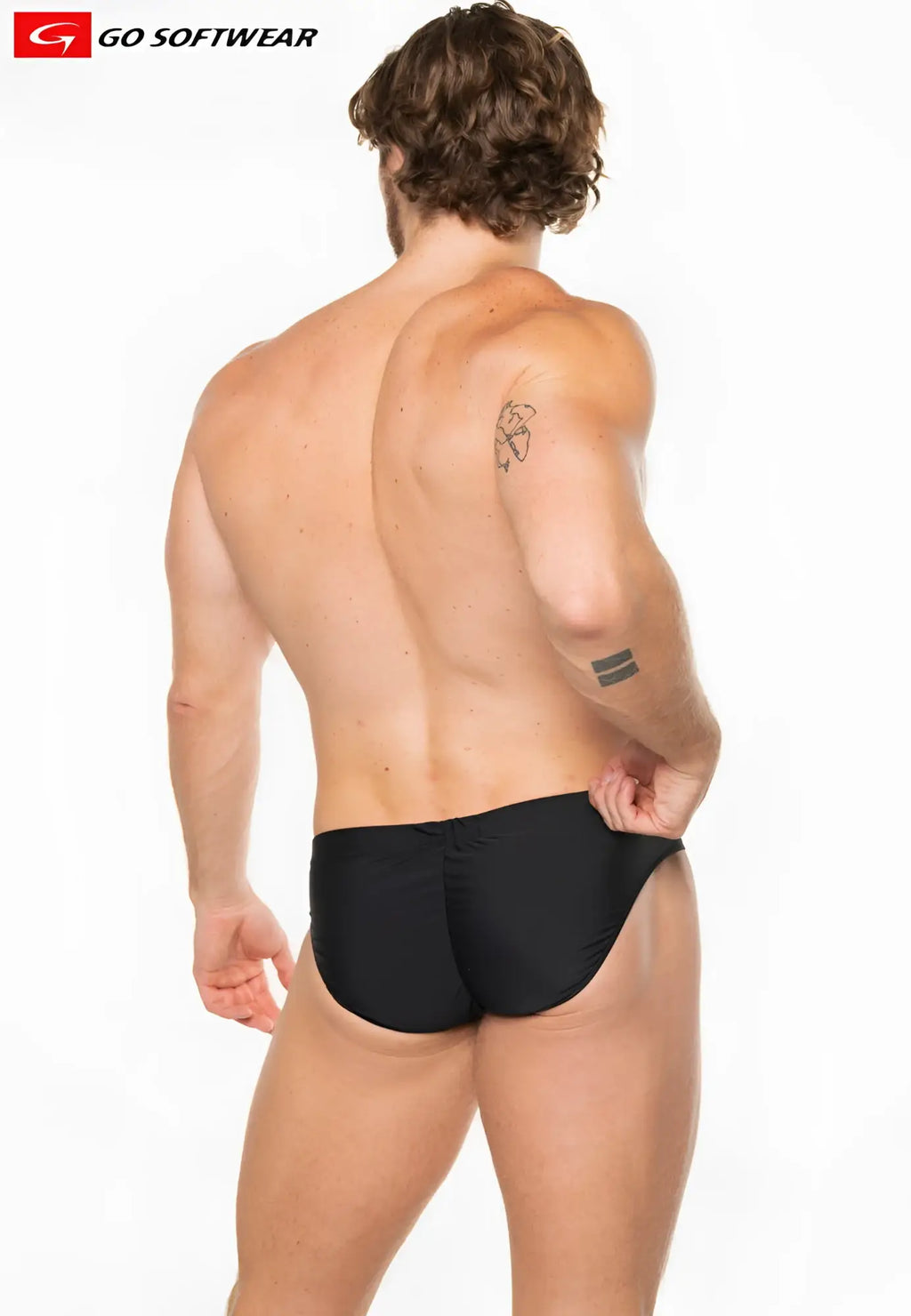 Black go softwear swim trunks in apollo buns bikini swim design featuring back side view and soft fabric material