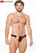Apollo buns bikini swim black yellow and red swim trunks with bold color block design for beach and pool use