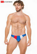 Apollo buns bikini swim tri-color swim trunks with blue red and white bold geometric design