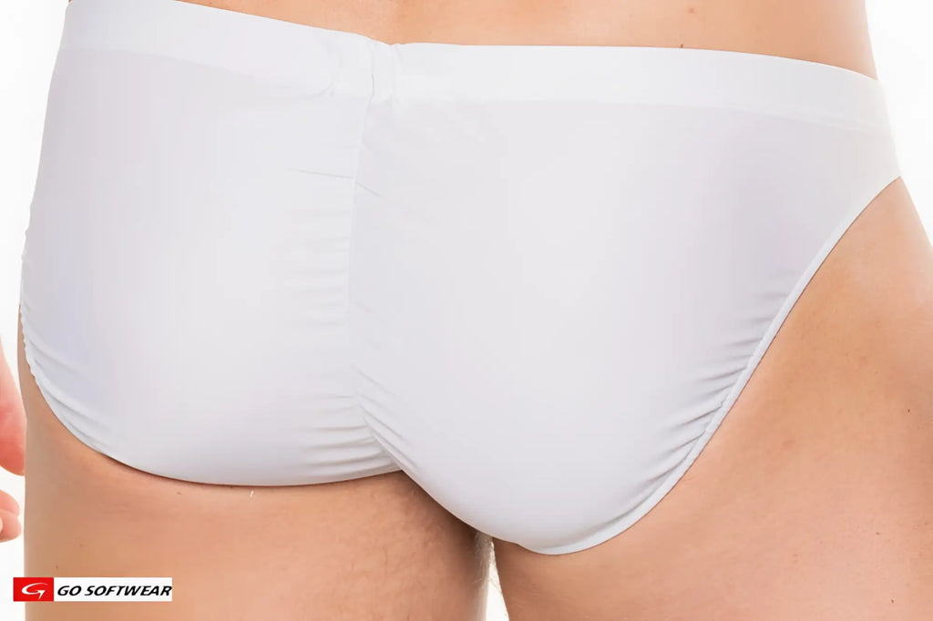 White Apollo Buns bikini swim briefs made of smooth stretchy fabric with seamless design and elastic waistband